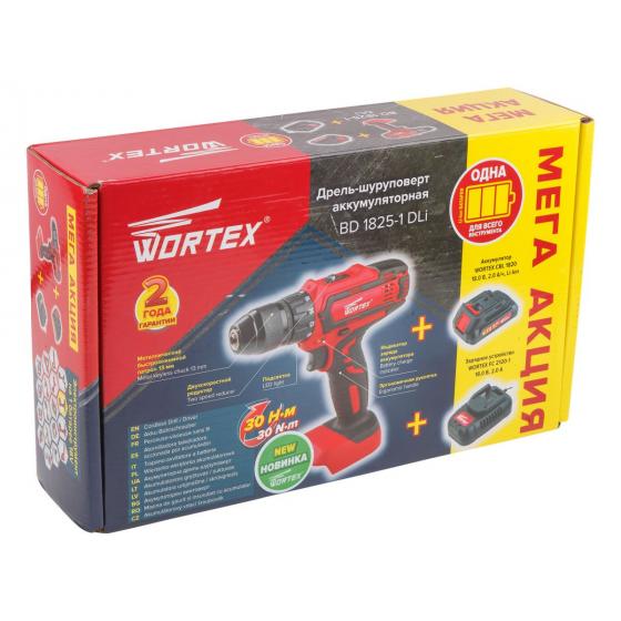 Аккум. дрель-шуруповерт WORTEX BD 1825-1 DLi в кор. ALL1 (18.0 В, 1 акк., 2.0 А/ч Li-Ion, 2 скор., 30 Нм, шурупы до 8 мм) (1BBD001A29)